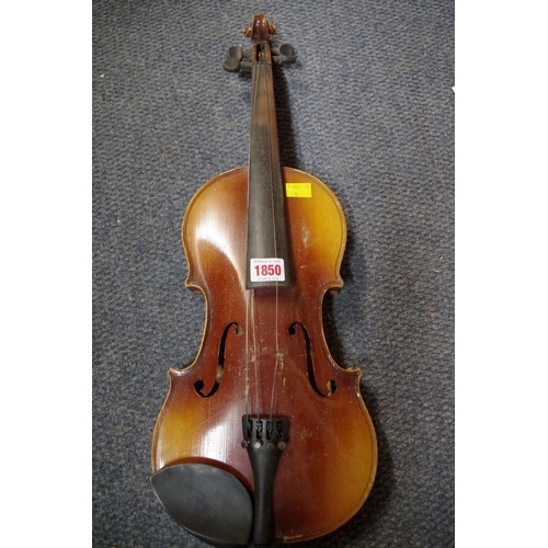 1850 - An old violin, with 14 in back, cased and with two bows; together with another small violin, case an... 