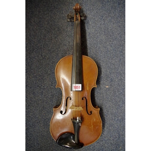 1851 - An antique Continental violin, with 14 in back, cased and with bow.