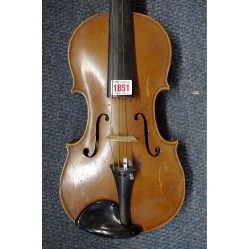 1851 - An antique Continental violin, with 14 in back, cased and with bow.