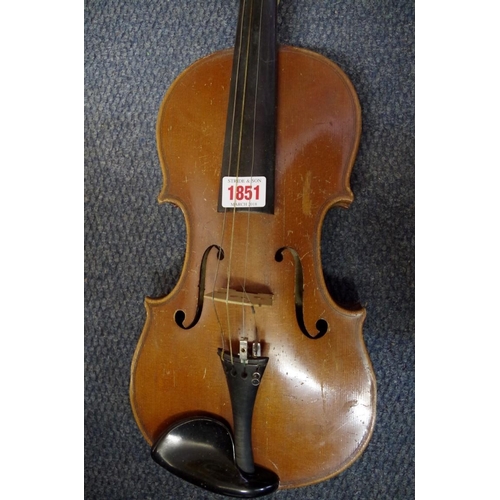 1851 - An antique Continental violin, with 14 in back, cased and with bow.