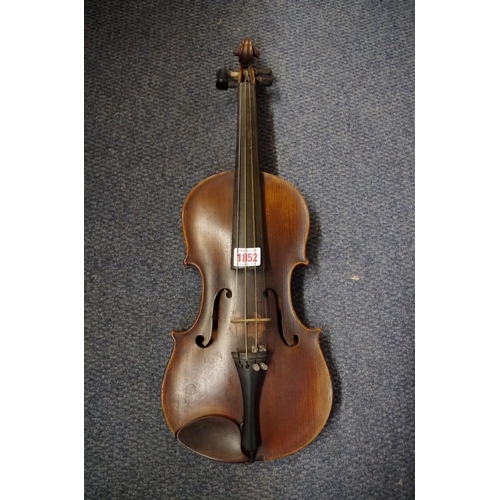 1852 - An antique Continental violin, with 14 in back, with ebonized wood case and bow.