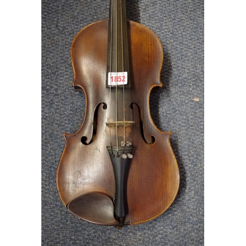 1852 - An antique Continental violin, with 14 in back, with ebonized wood case and bow.