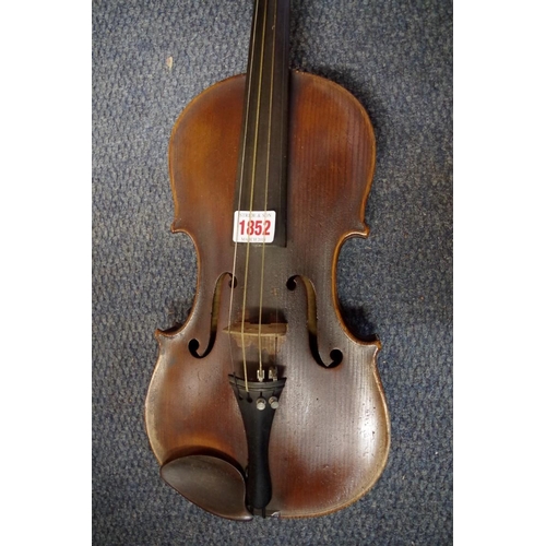 1852 - An antique Continental violin, with 14 in back, with ebonized wood case and bow.