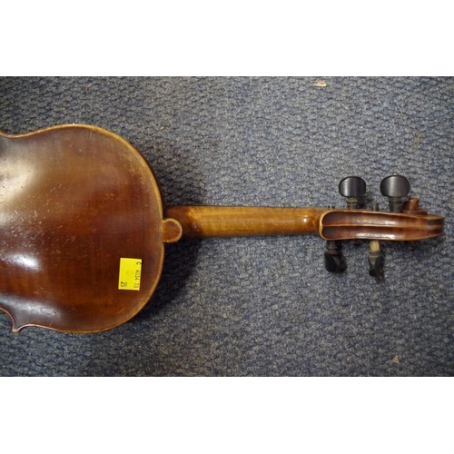 1852 - An antique Continental violin, with 14 in back, with ebonized wood case and bow.