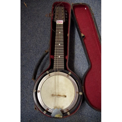 1854 - An old English 8 string banjolele, in case.