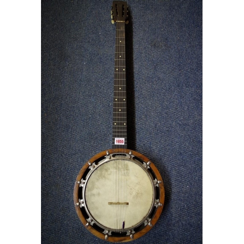 1855 - An old walnut six string banjo, in case.