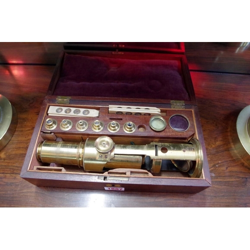 1887 - A 19th century brass monocular microscope, of Culpeper style, in original mahogany fitted case, and ... 