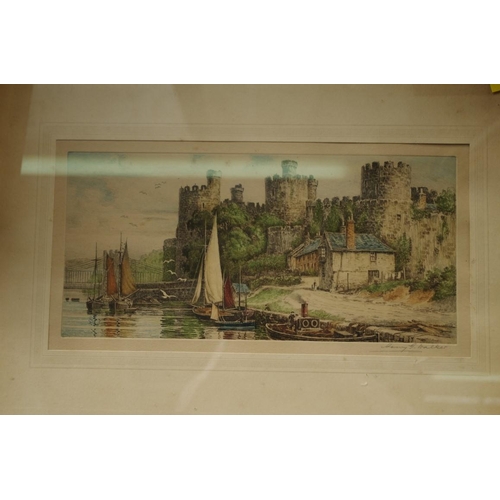 1250 - Henry G Walker, castles, a pair, each signed in pencil, coloured etching, pl.15.5 x 32.5cm.&nbs... 