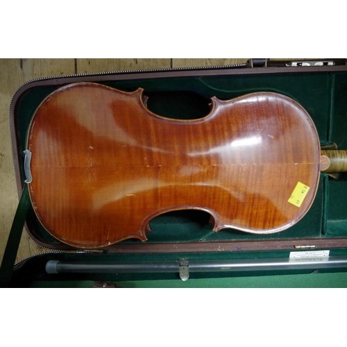 1845 - A late 19th century French violin, with 14in two piece back, with bow and padded case.... 