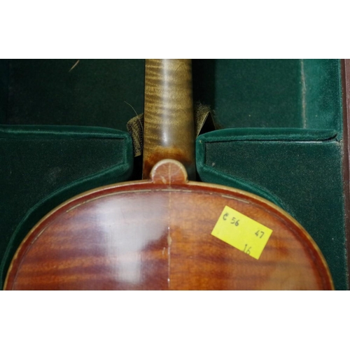 1845 - A late 19th century French violin, with 14in two piece back, with bow and padded case.... 