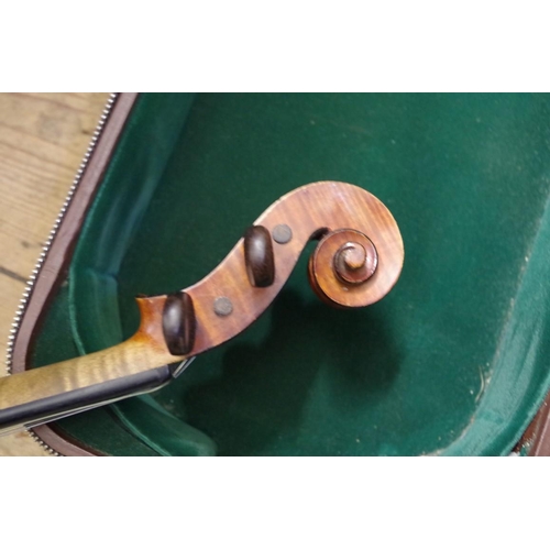 1845 - A late 19th century French violin, with 14in two piece back, with bow and padded case.... 