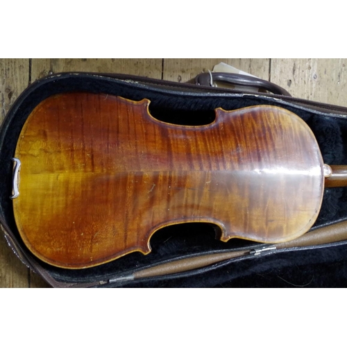 1850 - A late 19th century Continental violin, with two piece 13in back, in case.