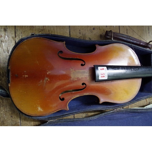 1851 - An antique Continental violin, with two piece 14in back, in case.