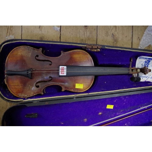 1852 - Two Continental violins, comprising one 13in and one 14in, each with bow and ebonized wood case... 