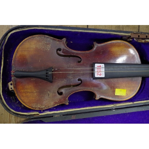 1852 - Two Continental violins, comprising one 13in and one 14in, each with bow and ebonized wood case... 