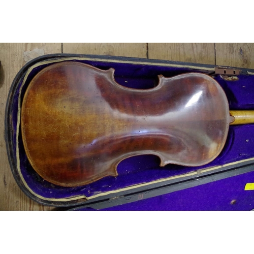 1852 - Two Continental violins, comprising one 13in and one 14in, each with bow and ebonized wood case... 