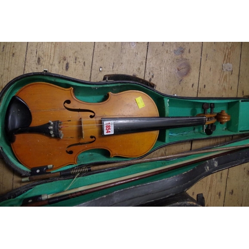 1854 - A violin, with 14in back, with two bows and case. 