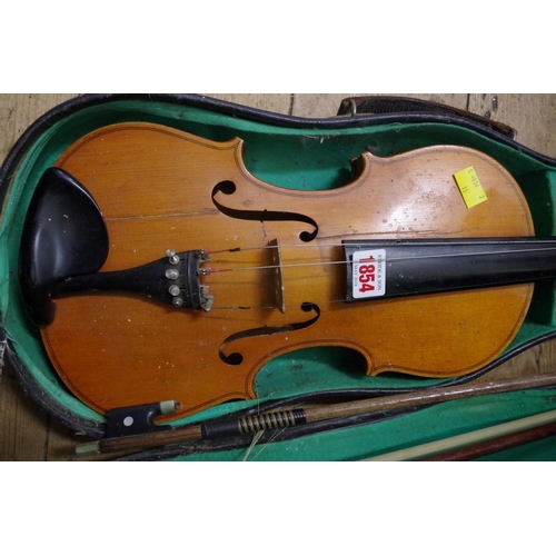 1854 - A violin, with 14in back, with two bows and case. 