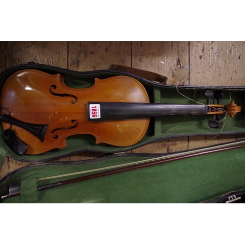 1856 - A Continental violin, with 14in back inscribed 'Stainer', with bow and case.