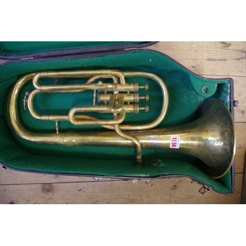 1858 - An old brass horn, inscribed Dallas, London, cased.