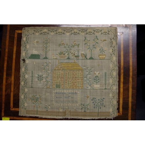 1864 - A George IV needlework sampler, by Elizabeth Jeffery, Avon, Novbr 26, 1823, 30.5 x 33cm, unfram... 