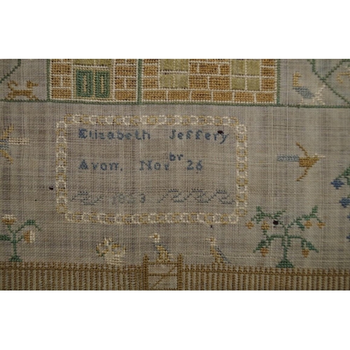 1864 - A George IV needlework sampler, by Elizabeth Jeffery, Avon, Novbr 26, 1823, 30.5 x 33cm, unfram... 