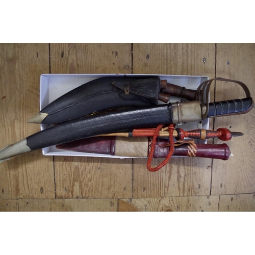 1869 - A small kukri and sheath; together with four other knives and sheaths.