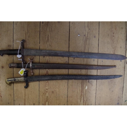 1875 - Three old bayonets, one with steel scabbard. 