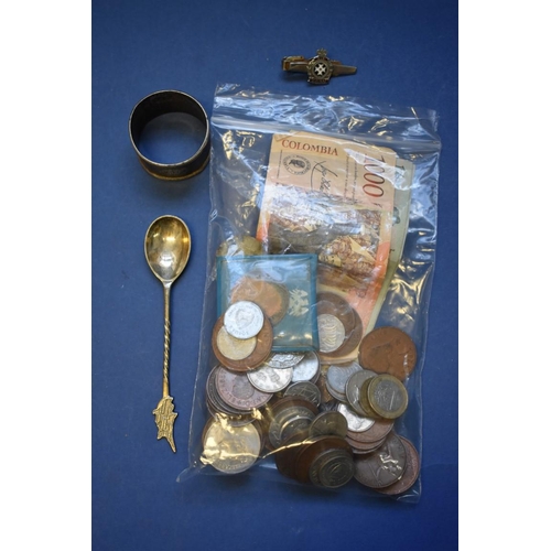 152 - A collection of English and foreign coins and bank notes; together with a silver napkin ring; a... 