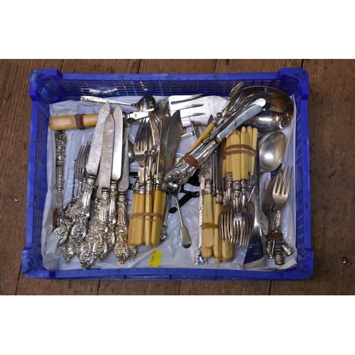 167 - A set of six Victorian plated knives and forks, by E & Co; together with various other cutlery t... 