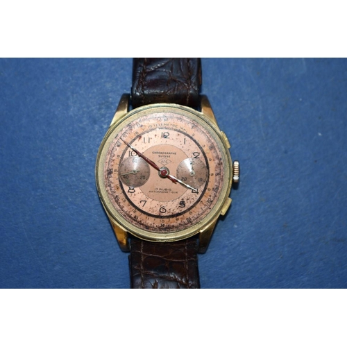 69 - A vintage ATC Chronograph Suisse 18k gold wristwatch, on crocodile strap.