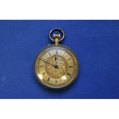 74 - An 18k gold open faced pocket watch, stem wound, having chased gold dial, 3cm.