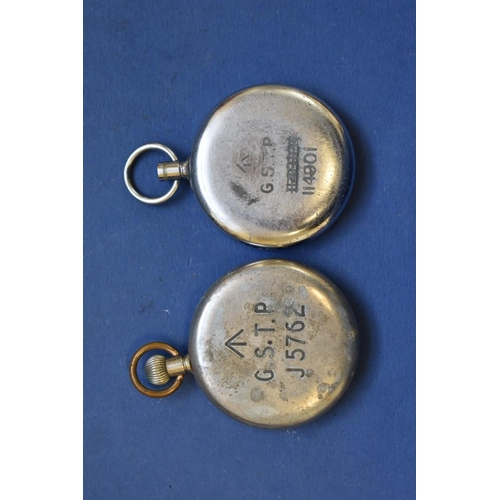 77 - Two vintage military G.S.T.P open faced pocket watches, one by Grana.