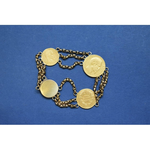 94 - An unmarked French gold coin bracelet, comprising a 5 franc, 10 franc and 20 franc, joined by a fanc... 