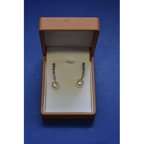 99 - A pair of 9ct gold pearl pendant earrings, the drops set amethyst and aquamarine.PLEASE NOTE THESE A... 