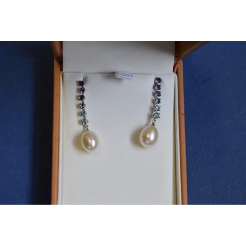 99 - A pair of 9ct gold pearl pendant earrings, the drops set amethyst and aquamarine.PLEASE NOTE THESE A... 