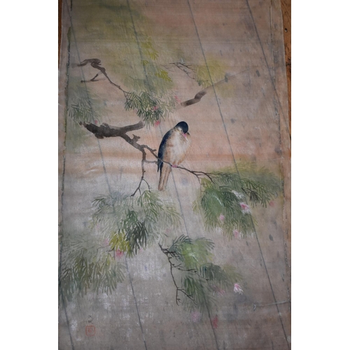 673 - Chinese School, a bird on a flowering branch, signed with seal, gouache on silk, approx 100 x 4... 