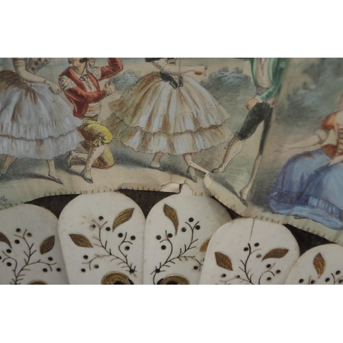 1752 - A framed display of four 19th century fans, to include a Chinese ivory brise example, the guards 27c... 