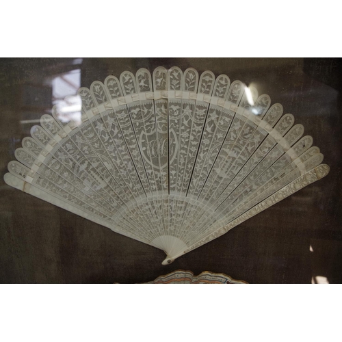 1752 - A framed display of four 19th century fans, to include a Chinese ivory brise example, the guards 27c... 