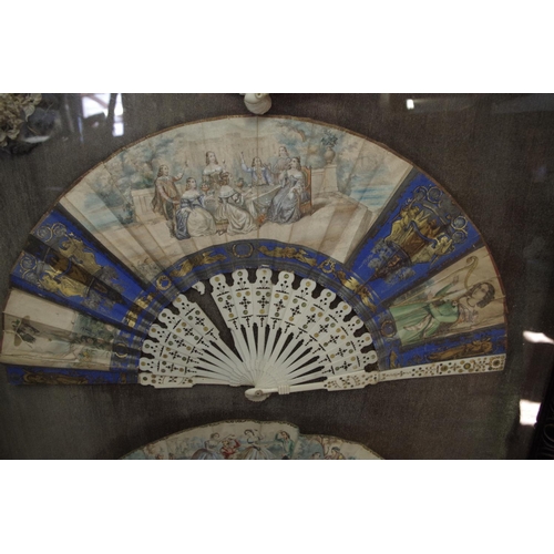 1752 - A framed display of four 19th century fans, to include a Chinese ivory brise example, the guards 27c... 