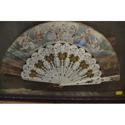 1752 - A framed display of four 19th century fans, to include a Chinese ivory brise example, the guards 27c... 