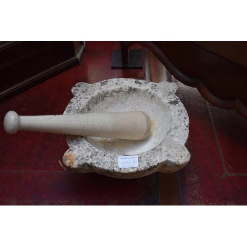 1320A - An old marble mortar, 26.5cm wide; and pottery pestle inscribed 'Meritor Haw Barnet'.... 