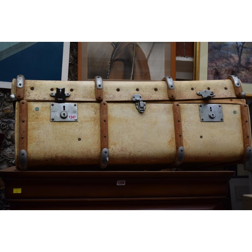 1343 - An unusual vintage vellum and wood bound trunk, 90cm wide. 