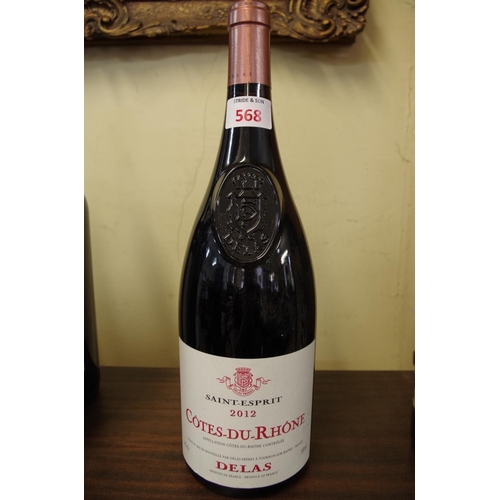 568 - Two 150cl magnum bottles of red wine, comprising: a 2012 Cotes du Rhone, Delas; and a 2008 Navajas C... 