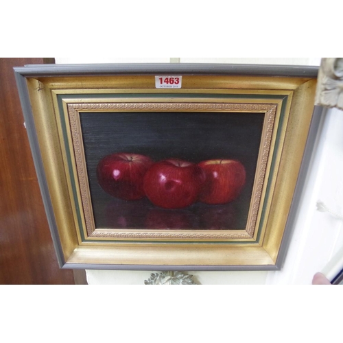 1463 - John Foulger, still life of red apples, inscribed verso, oil on board, 19 x 24cm.... 