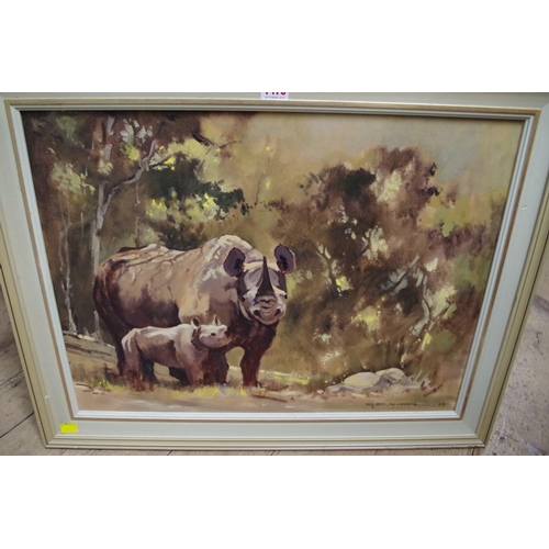 1476 - R D McKenzie, rhinoceros, signed and dated '89, oil on canvas board, 44 x 59.5cm.