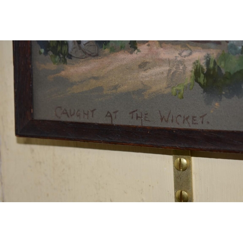 1502 - J A Campbell, 'Cricket, Caught at the Wicket', watercolour and gouache, 24.5 x 18cm. ... 