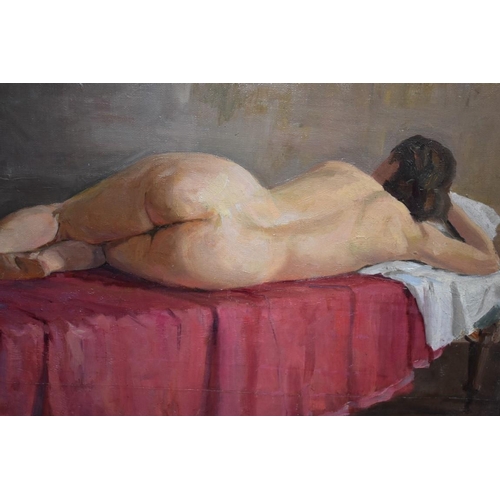 1447 - European School, female nude, indistinctly initialled, oil on canvas, 47.5 x 68cm.