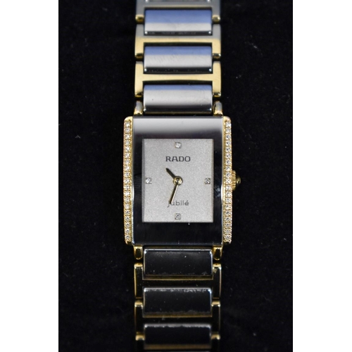 140 - A Rado Jubile ladies tank style wristwatch, set diamonds to sides and face, complete with original b... 