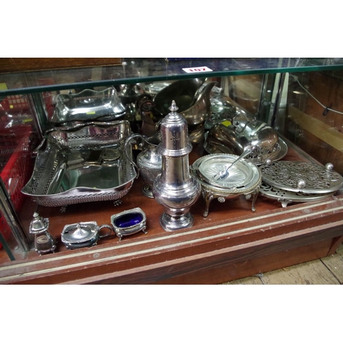 107 - An EPNS sugar caster and other silver plate.